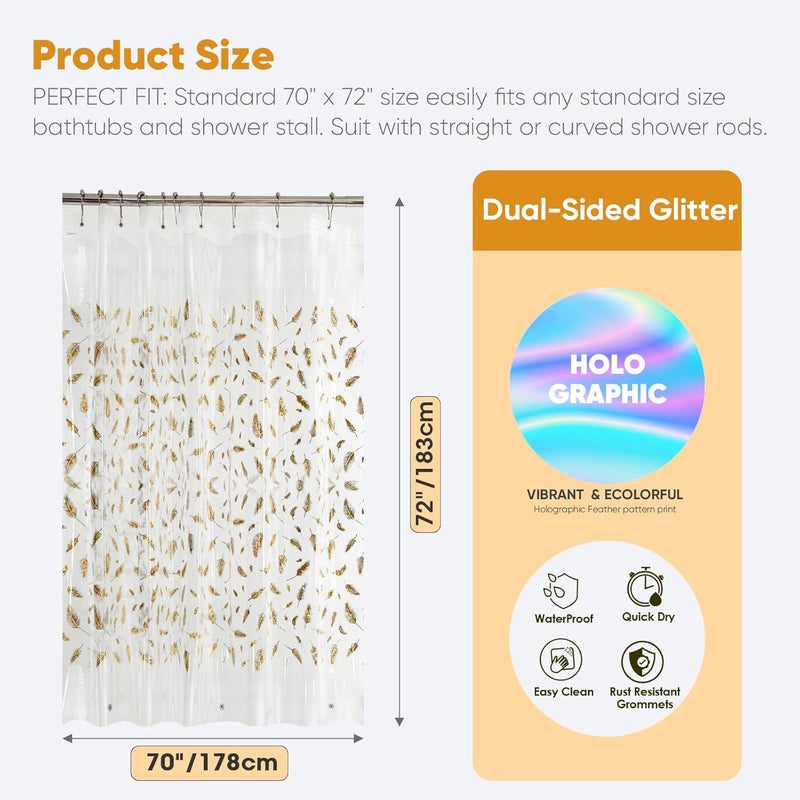 TRIMENGO Plastic Shower Curtain Liner, Waterproof Printed PEVA Shower Curtain with Design, Holographic Feather Pattern, Rustproof Grommets, Standard Size 70x72 Bathtub Curtain for Bathroom (Pack of 1) - Image 2